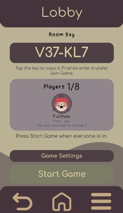 The Ad Valorem Pocket lobby screen showing room key V37-KL7 and the host's character